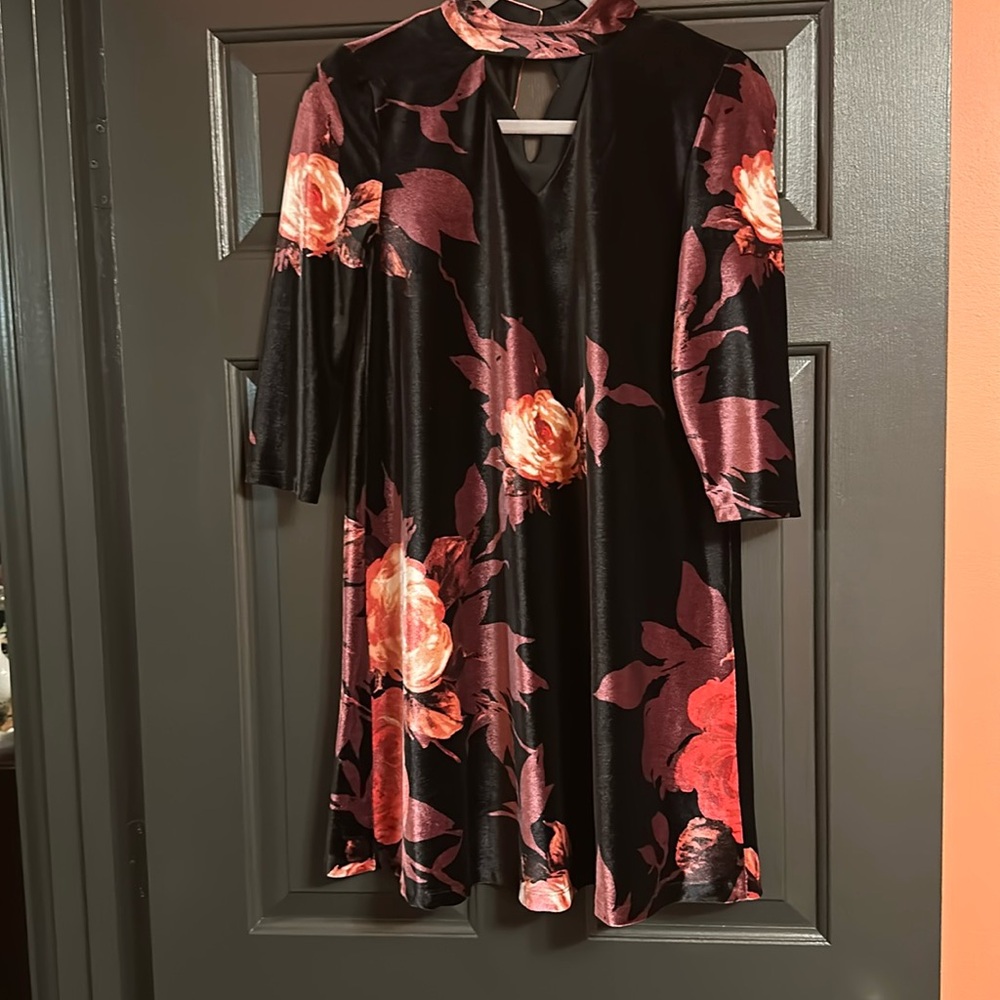 Sandra Darren Velvet feel black floral dress